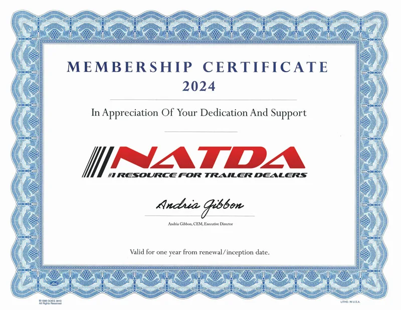 Weaver's Trailer Sales Natda Member Certificate
